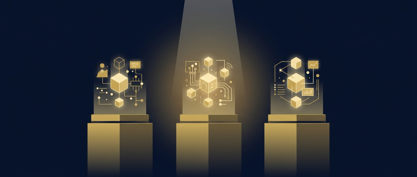 Flat editorial illustration of three glowing software modules on pedestals, one lit by a selection beam - choosing an IFRS 17 solution