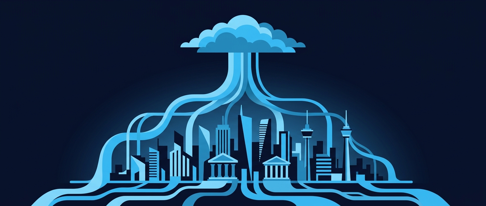 Flat editorial illustration of a storm cloud branching into channels that flow into a city of banks and towers - climate risk transmission into the financial system