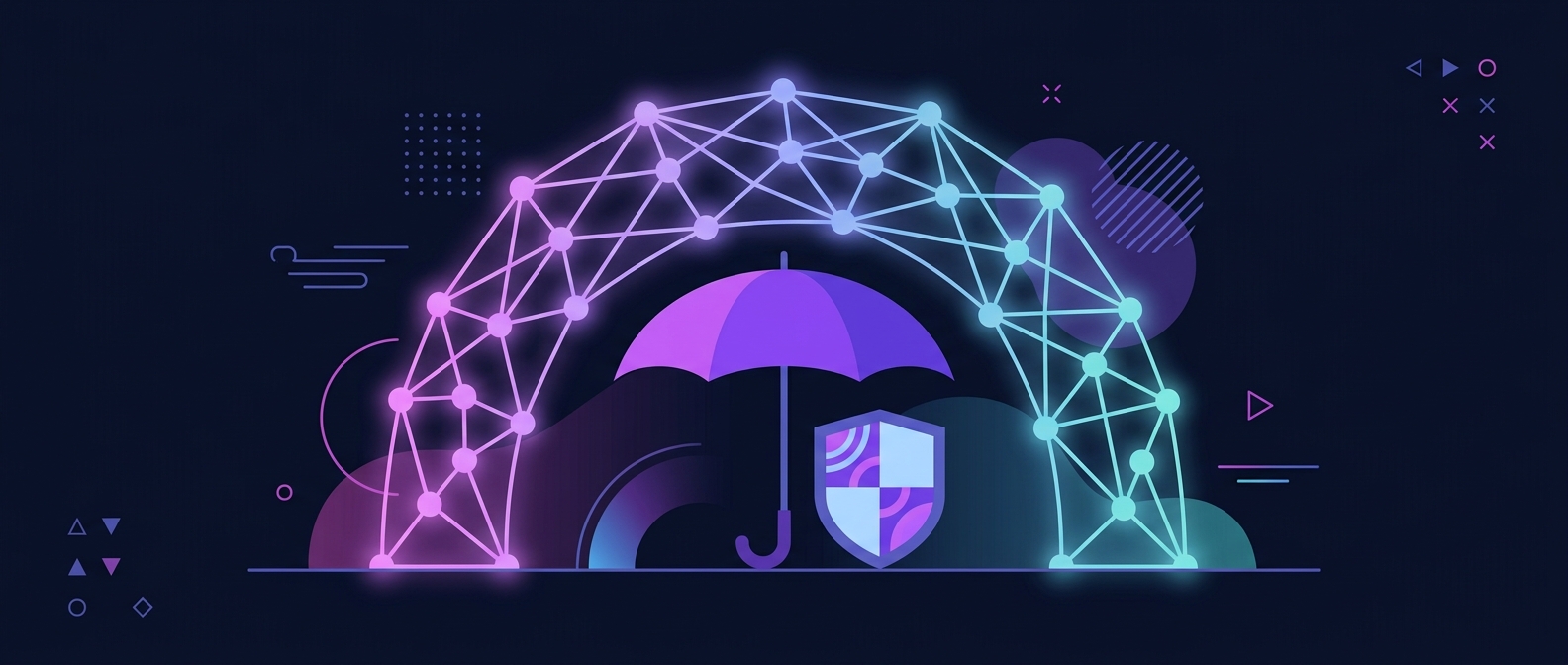 Flat editorial illustration of a neural network lattice arching over an umbrella and shield - AI applied across insurance