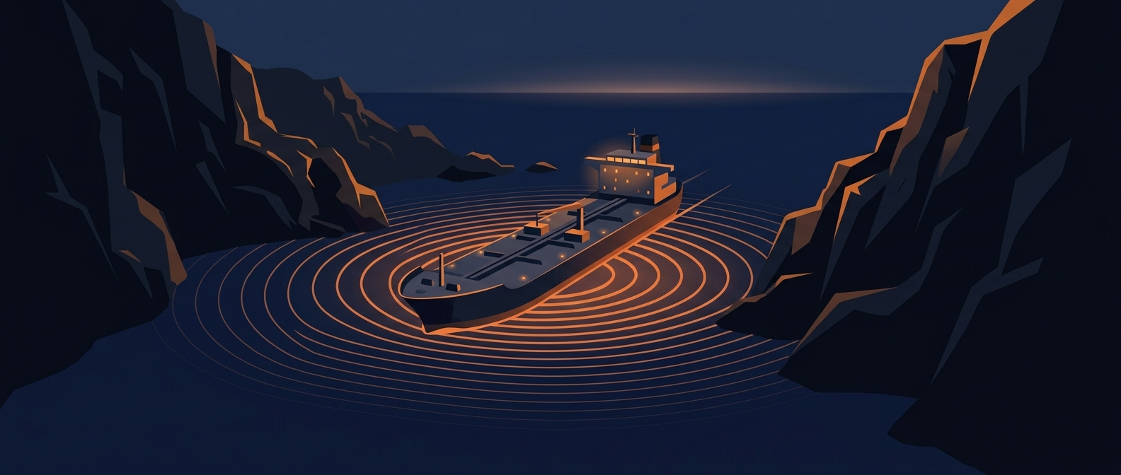 Flat editorial illustration of an oil tanker passing a narrow strait with radar rings on the water - crisis scenario analysis