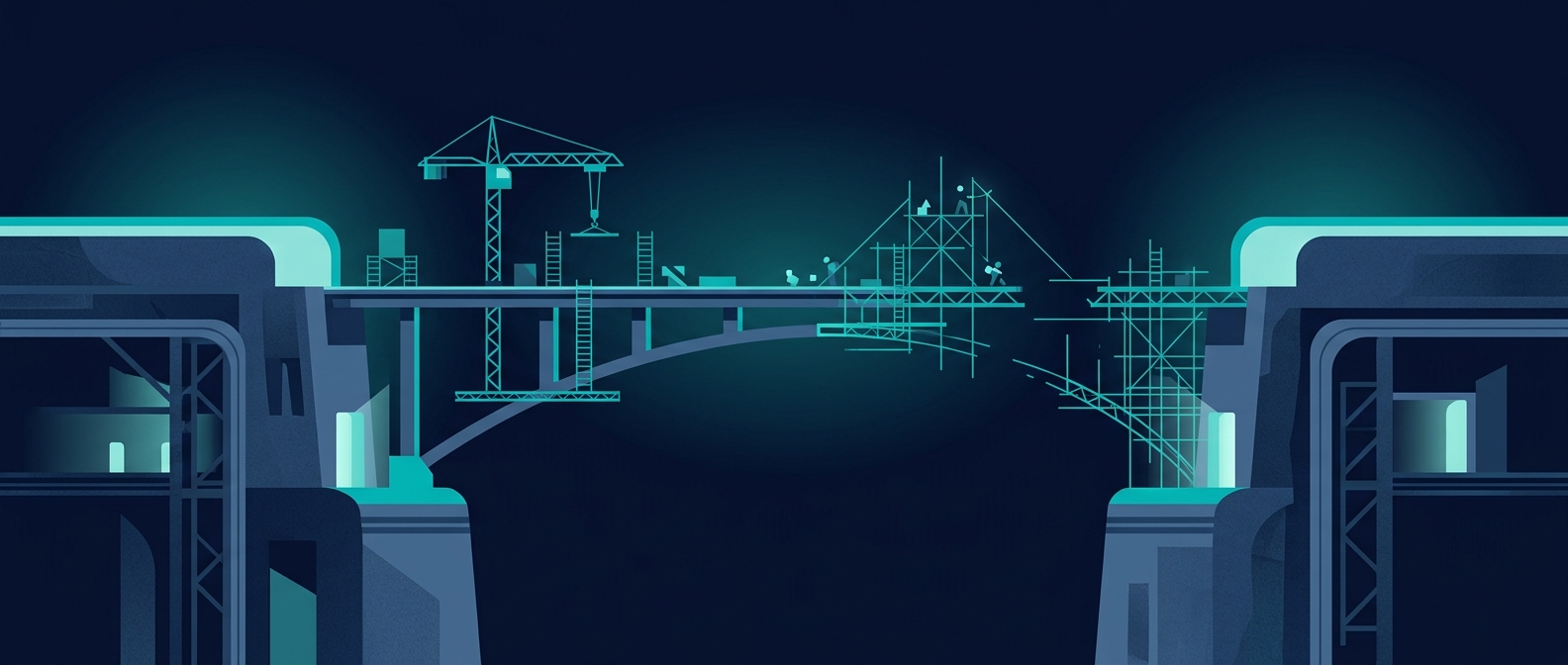 Flat editorial illustration of a partially built bridge with scaffolding between two structures - IFRS 17 post-implementation work