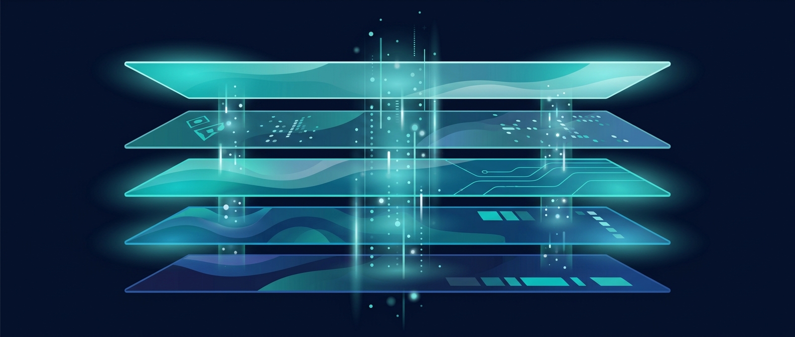 Flat editorial illustration of five stacked translucent layers linked by data streams - the IFRS 17 production reporting chain