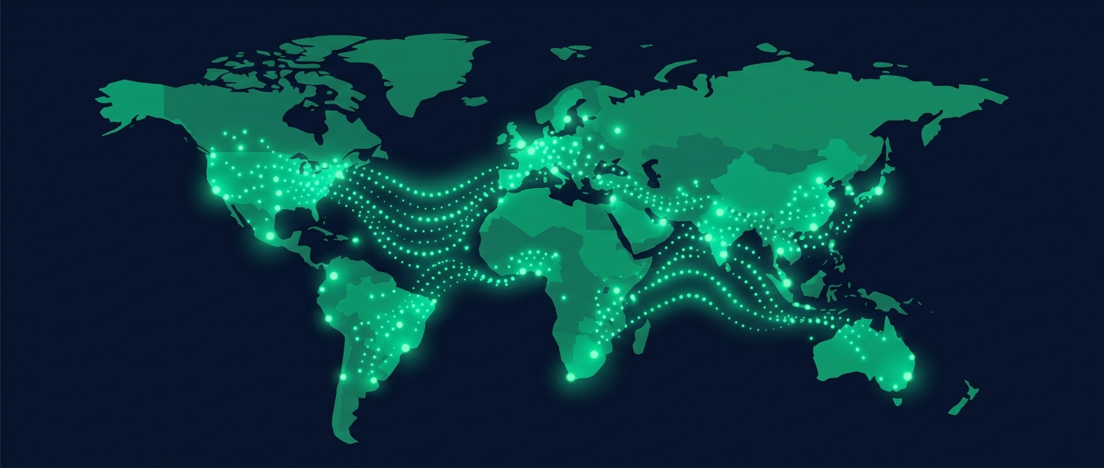 Flat editorial illustration of a world map with glowing dots spreading across continents - IFRS 17 adoption patterns