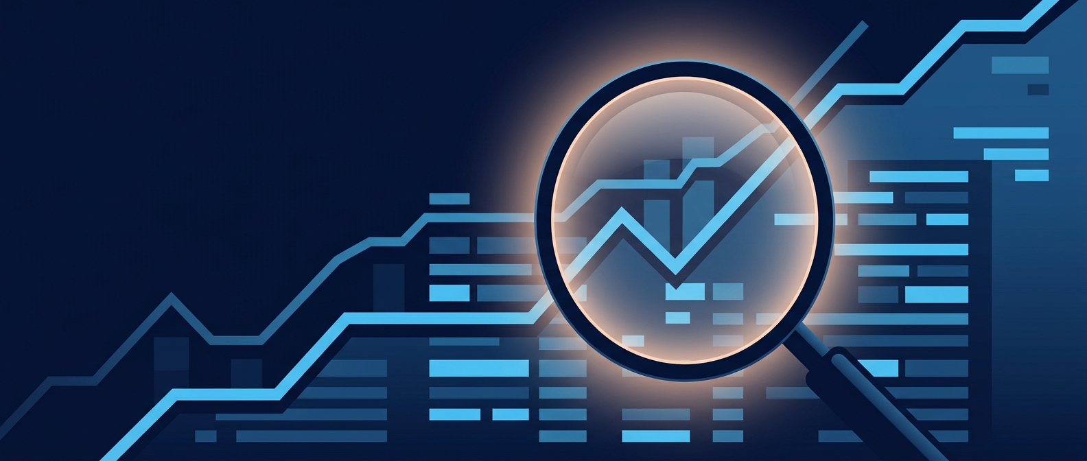 Flat editorial illustration of a magnifying lens over rising forecast charts and ledger rows - reading IFRS 17 PAA forecasts