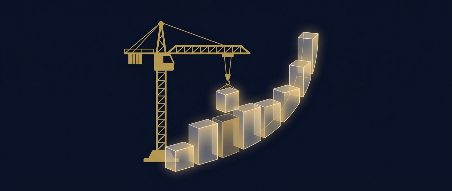 Flat editorial illustration of a crane assembling ascending translucent blocks into a curve - building an IFRS 17 GMM forecast