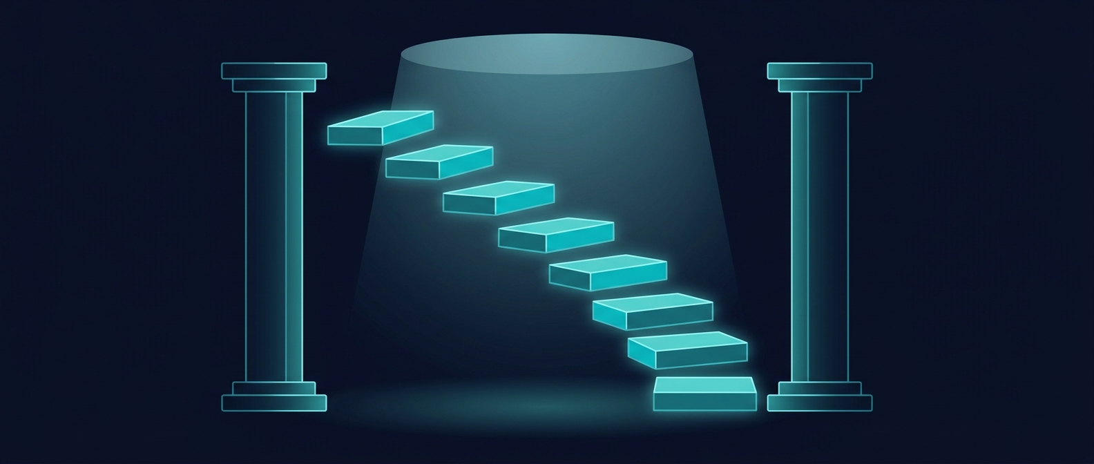 Flat editorial illustration of stepped blocks descending between two pillars - an IFRS 17 BEL analysis of movement walk