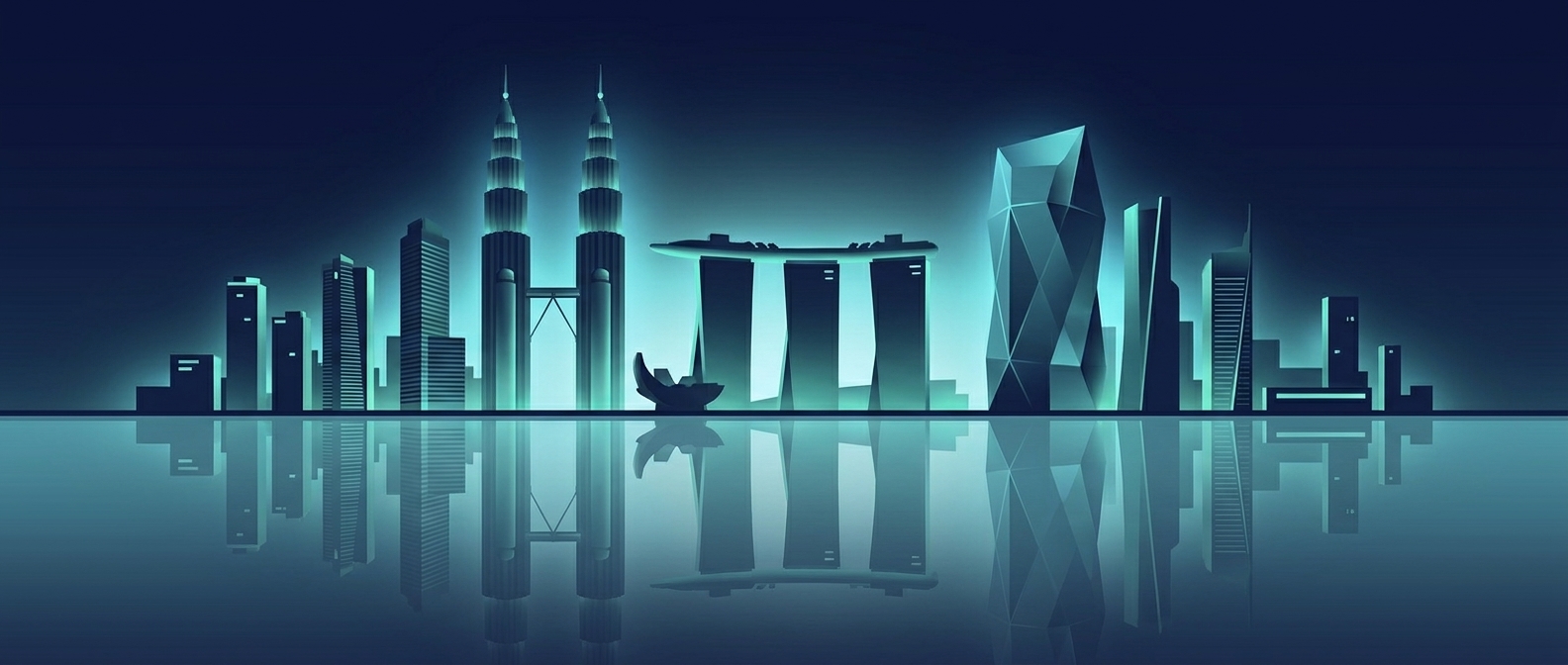 Flat editorial illustration of the Hong Kong, Singapore and Kuala Lumpur skylines in cyan over deep navy — IFRS 17 PAA practice benchmarked across 60+ Asian general insurers