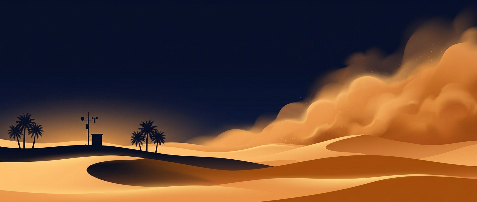 Illustrated desert dust storm rolling over dunes past a weather station — parametric sandstorm payout model